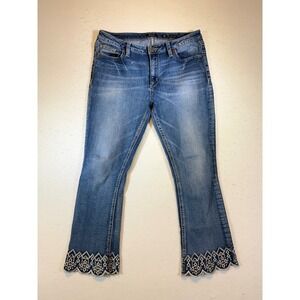 MISS ME Women's Blue Denim Bootcut Crop Jeans Embroidered Cropped Hem Size 29